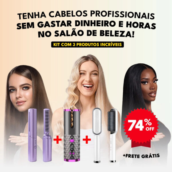Kit Completo de Cabelo 3 em 1: Pente Alisador + Escova Alisadora + Modelador de Cachos - Imagem 2